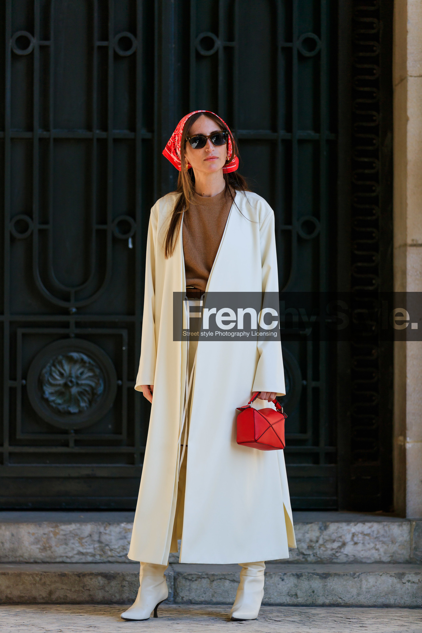 camel sweater, chloe loulou de saison, headscarf, high boots, high heels, leather bag, leather shoes, loewe, red bag, red bandana, sunglasses, white coat, white shoes, PARIS, PFW, street style, jonathan paciullo, FW, frenchystyle, fashion week, AUTUMN WINTER 2019-2020, AW 19-20, FALL WINTER 2019-2020, FW 19-20, vertical, full length