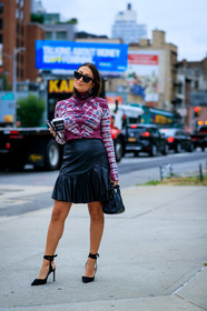 black bag, black shoes, black skirt, earrings, high heels, leather bag, leather shoes, leather skirt, printed top, purple top, sunglasses, tie & die, fashion week, frenchystyle, FW, jonathan paciullo, street style, NEW YORK, NYFW, SPRING SUMMER 2020, SS 20, vertical, full length