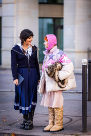 bag, balaclava, beige boots, black boots, boots, brown bag, chunky boots, coat, Courtney Trop, fluffly bag, knitwear, Maria Bernad, navy knitwear, navy skirt, oversize coat, pink cagoule, pink puffer, pink skirt, pleated skirt, puffer, quilted boots, skirt, stars, fashion week, frenchystyle, FW, jonathan paciullo, street style, PFW, PARIS, SPRING SUMMER 2022, SS 22, vertical, atmosphere details