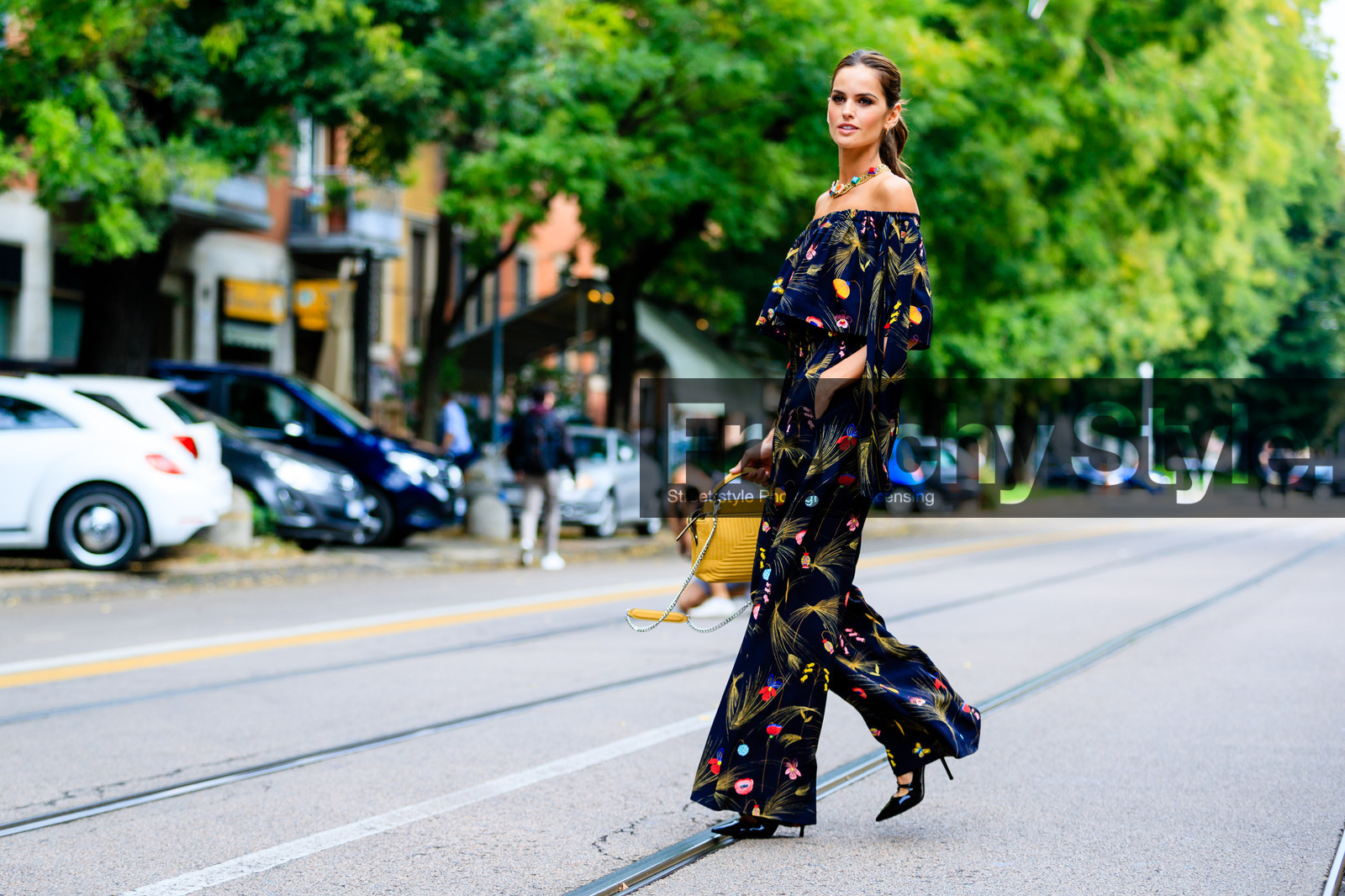 atmosphere details, black jumpsuit, fashion week, floral, flower, frenchystyle, full length, FW, horizontal, izabel goulart, jonathan paciullo, leather bag, MFW, MILAN, model, necklace, off the shoulder, printed jumpsuit, SPRING SUMMER 2017, SS 17, street style, trousers, yellow bag