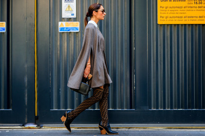 black bag, black shoes, brown boots, cape, fendi, geraldine boublil, grey dress, high boots, high heels, leather bag, leather shoes, monogram, printed shoes, sunglasses, street style, jonathan paciullo, FW, frenchystyle, fashion week, MFW, MILAN, SPRING SUMMER 2019, SS 19, atmosphere details, horizontal, full length