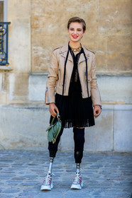 beatrice vio, beige jacket, black dress, christian dior, green bag, lace dress, leather bag, leather jacket, leather perfecto, leather shoes, necklace, red lips, saddle bag, short hair, white sneakers, fashion week, frenchystyle, FW, jonathan paciullo, street style, PFW, PARIS, AUTUMN WINTER 2019-2020, AW 19-20, FALL WINTER 2019-2020, FW 19-20, vertical, full length