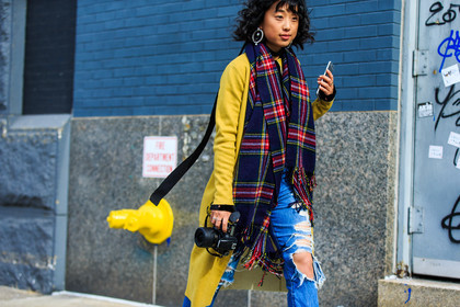 atmosphere details, AUTUMN WINTER 2016-2017, AW 16-17, blue denim, blue scarf, checked scarf, denim pants, detail, fashion week, frenchystyle, FW, FW 16-17, horizontal, jeans, jonathan paciullo, margaret, NEW YORK, NYFW, plaid, ripped pants, street style, striped scarf, stripes, tartan, trousers, woman, yellow coat, zhang