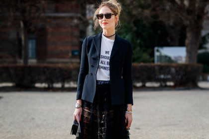 black jacket, black skirt, blazer, choker, christian dior, lace skirt, necklace, printed t shirt, see through, sunglasses, white t shirt, fashion week, frenchystyle, FW, jonathan paciullo, street style, PFW, PARIS, SPRING SUMMER 2017, SS 17, HAUTE COUTURE, atmosphere details, detail, horizontal, chiara ferragni