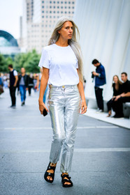 black sandals, black shoes, chanel, leather shoes, sarah harris, shiny pants, silver pants, trousers, white t shirt, street style, jonathan paciullo, FW, frenchystyle, fashion week, NYFW, NEW YORK, SPRING SUMMER 2019, SS 19, vertical, full length