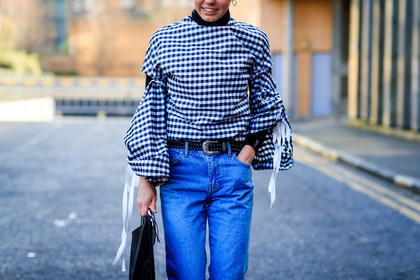atmosphere details, AUTUMN WINTER 2017-2018, AW 17-18, black bag, blue denim, checked top, denim pants, detail, FALL WINTER 2017-2018, fashion week, felicity kay, frenchystyle, FW, FW 17-18, gingham, graphic bag, graphic top, horizontal, jeans, jonathan paciullo, leather bag, LFW, LONDON, printed top, street style, trousers