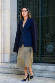 aimee song, black shoes, blazer, brown skirt, earrings, high heels, leather shoes, louis vuitton, navy jacket, necklace, sunglasses, PARIS, PFW, street style, jonathan paciullo, FW, frenchystyle, fashion week, AUTUMN WINTER 2019-2020, AW 19-20, FALL WINTER 2019-2020, FW 19-20, vertical, full length