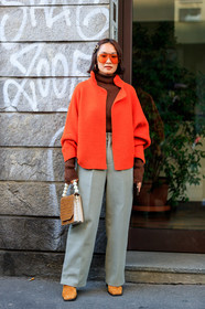 brown sweater, camel bag, camel boots, grey pants, hair clip, leather bag, leather shoes, red jacket, red sweater, sunglasses, trousers, fashion week, frenchystyle, FW, jonathan paciullo, street style, MFW, MILAN, AUTUMN WINTER 2019-2020, AW 19-20, FALL WINTER 2019-2020, FW 19-20, vertical, full length