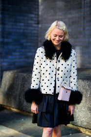 black dress, earrings, fur collar, graphic jacket, hair clip, leather bag, polka dot, printed jacket, white jacket, fashion week, frenchystyle, FW, jonathan paciullo, street style, LFW, LONDON, AUTUMN WINTER 2019-2020, AW 19-20, FW 19-20, FALL WINTER 2019-2020, vertical, atmosphere details, detail