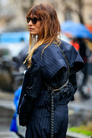 caroline de maigret, navy blue jacket, navy blue pants, striped jacket, striped pants, black leather bag, crossbody bag, quilted bag, mini bag, chanel bag, stella mccartney look, back details, asymetrical jacket, black bombers, fashion week, frenchystyle, FW, jonathan paciullo, street style, PFW, PARIS, vertical, atmosphere details, detail