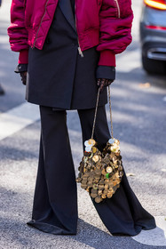 Angela Rozas Saiz, bag, black blazer, black pants, black suits, blazer, bomber, burgundy bomber, flare pants, gloves, gold bag, lace gloves, paco rabanne bag, pants, sequin, strawberry bomber, fashion week, frenchystyle, FW, jonathan paciullo, street style, PFW, PARIS, SPRING SUMMER 2022, SS 22, vertical, atmosphere details