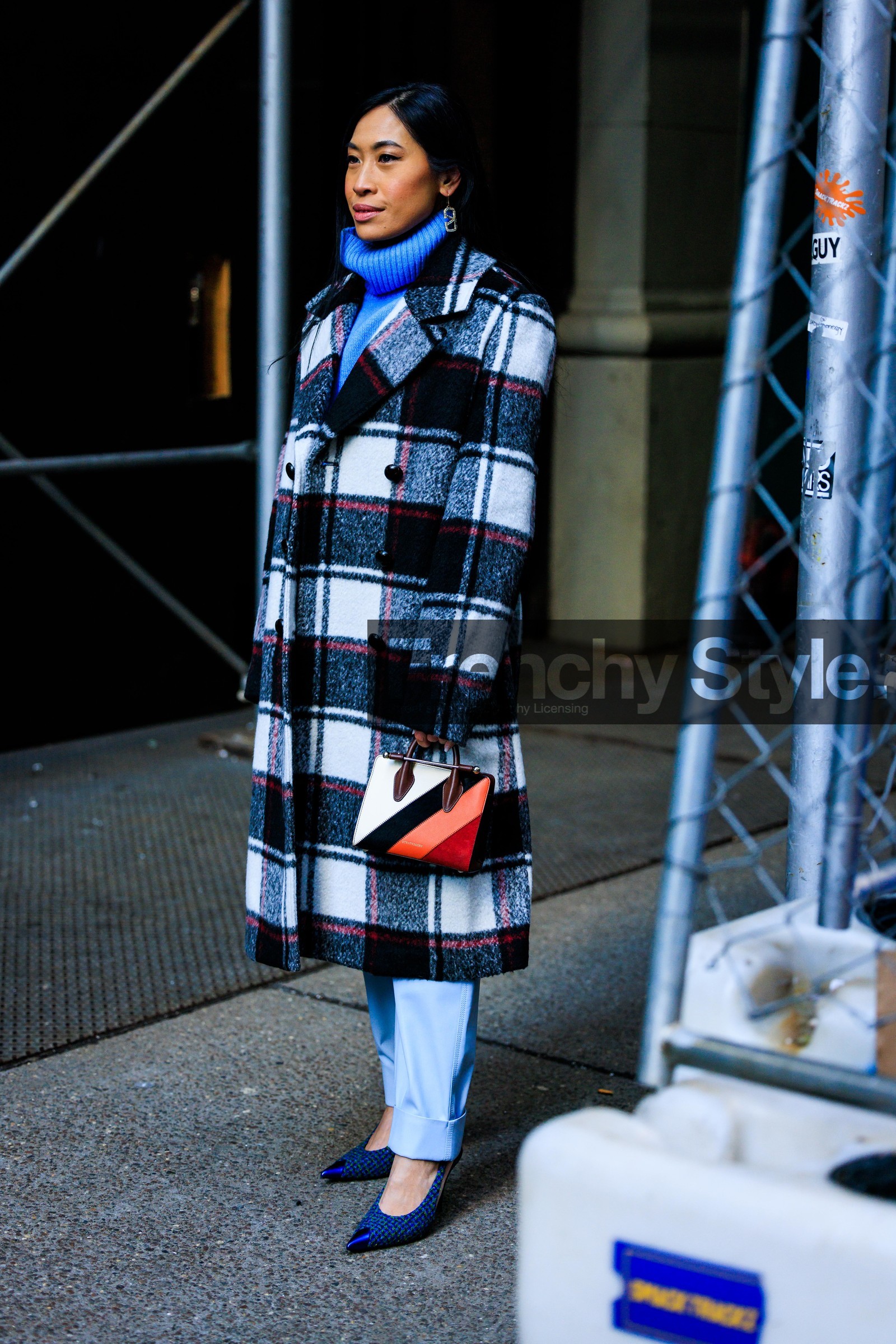 blue turtleneck, blue stilettos, blue slingback, pastel blue pants, leather pants, multicolor plaid coat, wool plaid coat, black and white coat, print coat, tweed heels, striped mini bag, multicolor mini bag, Miki Cheung, fashion week, frenchystyle, FW, jonathan paciullo, street style, NYFW, NEW YORK, AUTUMN WINTER 2022-2023, FALL WINTER 2022_2023, FW 22-23, vertical, full length