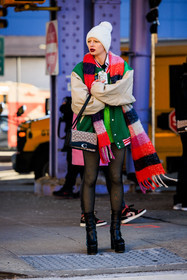 black boots, platform boots, black stoci, black stockings, white beanie, multicolor scarf, striped scarf, bomber jacket, green top, green bomber jacket, coach logo bag, coach handbag, fashion week, frenchystyle, FW, jonathan paciullo, street style, NYFW, NEW YORK, AUTUMN WINTER 2022-2023, FALL WINTER 2022_2023, FW 22-23, vertical, full length