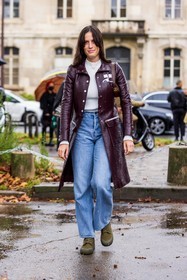 Astrid Boutrot, blue denim, blue jean, boots, burgundy coat, coat, courreges coat, denim, flare denim, flare jean, flare pants, gucci bag, jean, khaki boots, lace-up boots, leather coat, ribbed top, white top, fashion week, frenchystyle, FW, jonathan paciullo, street style, PFW, PARIS, SPRING SUMMER 2022, SS 22, vertical, full length