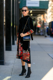 black bag, black dress, black shoes, céline, embroideries, graphic dress, gucci, high heels, leather bag, leather shoes, madelynn furlong, printed dress, sunglasses, velvet, fashion week, frenchystyle, FW, jonathan paciullo, street style, NEW YORK, NYFW, SPRING SUMMER 2020, SS 20, vertical, full length