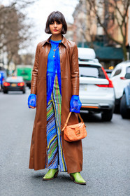 blue pants, blue shirt, brown coat, carola bernard, fendi, geometric, graphic bag, graphic pants, green boots, high heels, leather bag, leather coat, leather shoes, monogram, orange bag, printed bag, printed pants, striped pants, trousers, frenchystyle, jonathan paciullo, street style, NYFW, NEW YORK, AUTUMN WINTER 2019-2020, AW 19-20, FALL WINTER 2019-2020, FW 19-20, fashion week, FW, vertical, full length