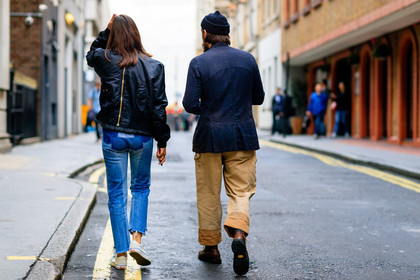 atmosphere details, back detail, beige pants, black beanie, black jacket, blue denim, bomber jacket, cargo pants, denim pants, fashion week, frenchystyle, full length, FW, horizontal, jeans, jonathan paciullo, LFW, LONDON, navy jacket, patchwork, SPRING SUMMER 2017, SS 17, street style, trousers, vans, white sneakers, woman, zip