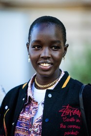 short hair, golden loop, golden choker, bazeball jacket, close up, printed shirt, multicolor shirt, embroidered jacket, fashion week, frenchystyle, FW, jonathan paciullo, street style, PARIS, PFW, SPRING SUMMER 2022, SS 22, atmosphere details, detail, vertical, model