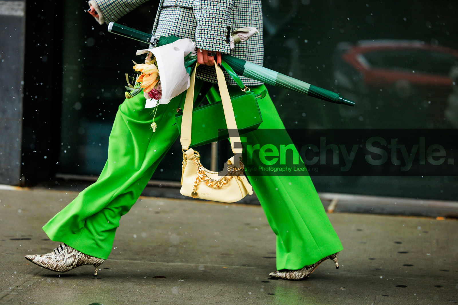 details, close up, flowers, green pants, animal print boots, snake print boots, green pencil bag, beige handbag, leather chain bag, green umbrella, fashion props, fashion week, frenchystyle, FW, jonathan paciullo, street style, NYFW, NEW YORK, AUTUMN WINTER 2022-2023, FALL WINTER 2022_2023, FW 22-23, atmosphere details, horizontal