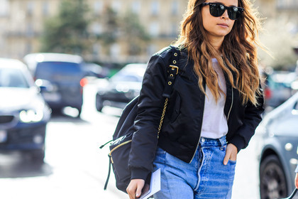 atmosphere details, AUTUMN WINTER 2016-2017, AW 16-17, backpack, black bag, black jacket, blue denim, bomber jacket, denim pants, detail, FALL WINTER 2016-2017, fashion week, frenchystyle, FW, FW 16-17, horizontal, jeans, jonathan paciullo, mira duma, miroslava duma, PARIS, PFW, ray ban, street style, sunglasses, trousers, white t shirt