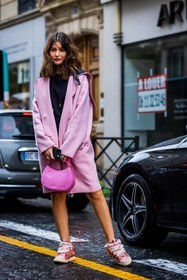 bag, black hoodie, black sweater, coat, hoodie, lanvin bag, leather bag, Nour Arida, pink bag, pink coat, pink sneakers, printed sneakers, sneakers, sweater, trench, wool coat, fashion week, frenchystyle, FW, jonathan paciullo, street style, PFW, PARIS, SPRING SUMMER 2022, SS 22, vertical, full length