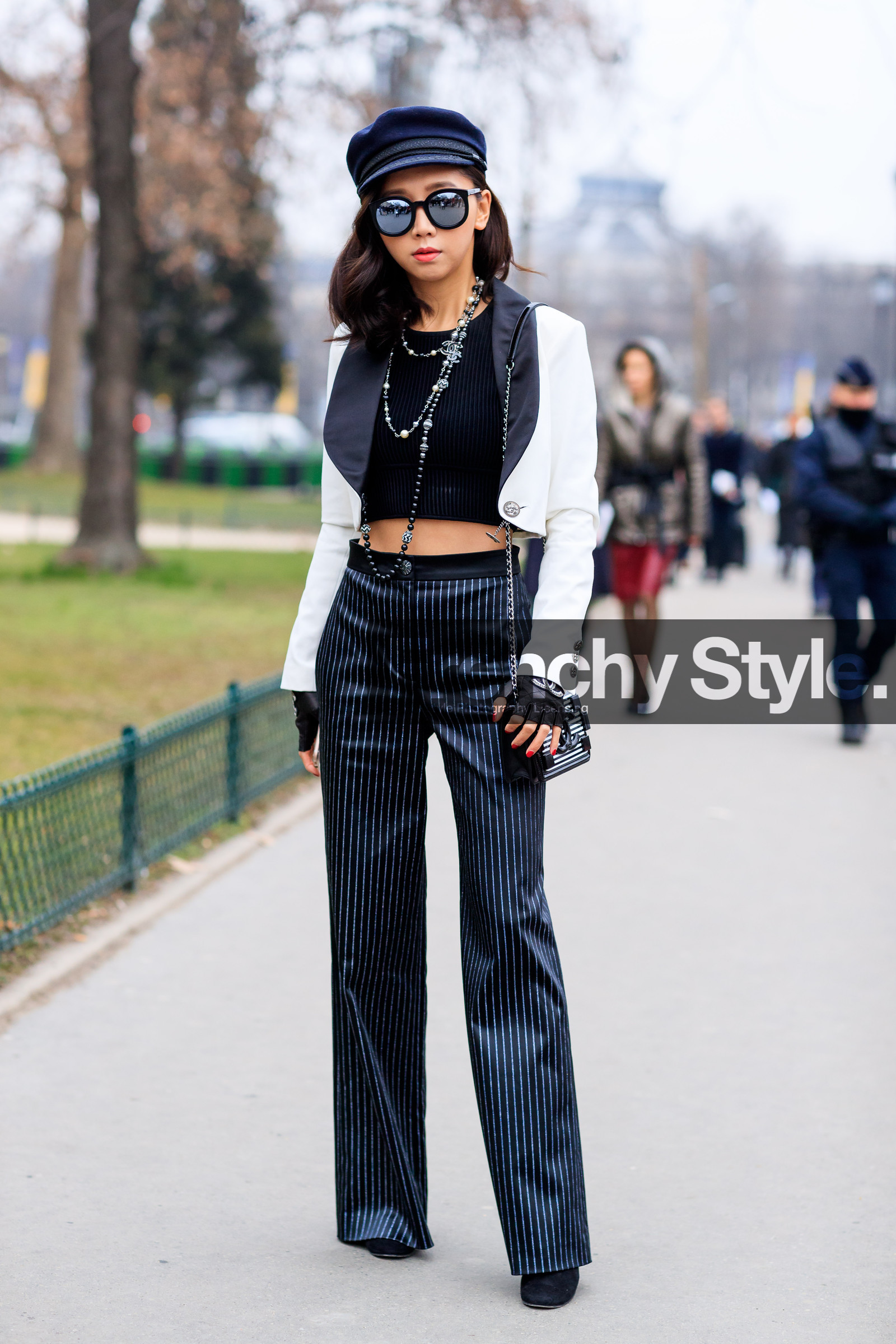 black and white bag, black bag, black cap, black gloves, black top, chanel, crop top, graphic bag, high waist, leather bag, leather gloves, navy pants, necklace, striped bag, striped pants, sunglasses, trousers, white jacket, fashion week, frenchystyle, FW, jonathan paciullo, street style, PFW, PARIS, SPRING SUMMER 2017, SS 17, HAUTE COUTURE, vertical, full length