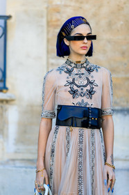 black and white, black bag, black belt, bracelet, christian dior, embroideries, graphic dress, headband, leather bag, leather belt, printed dress, rings, see through, sita abellan, sunglasses, tattoos, tulle, white dress, fashion week, frenchystyle, FW, jonathan paciullo, street style, PFW, PARIS, AUTUMN WINTER 2019-2020, AW 19-20, FALL WINTER 2019-2020, FW 19-20, vertical, atmosphere details, detail