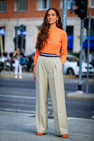 beige pants, céline, earrings, erika boldrin, leather shoes, necklace, orange shoes, orange sweater, trousers, fashion week, frenchystyle, FW, jonathan paciullo, street style, MFW, MILAN, SPRING SUMMER 2019, SS 19, vertical, full length