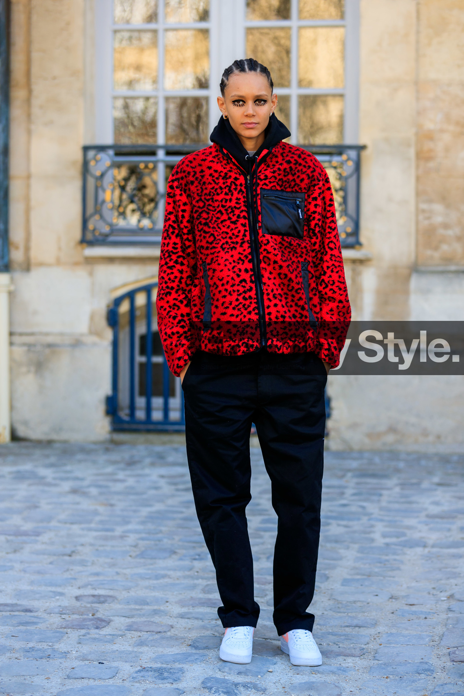 animal print, black pants, braids, earrings, eyeliner, graphic jacket, leather shoes, leona binx walton, leopard, model, printed jacket, red jacket, trousers, white shoes, PARIS, PFW, street style, jonathan paciullo, FW, frenchystyle, fashion week, AUTUMN WINTER 2019-2020, AW 19-20, FALL WINTER 2019-2020, FW 19-20, vertical, full length
