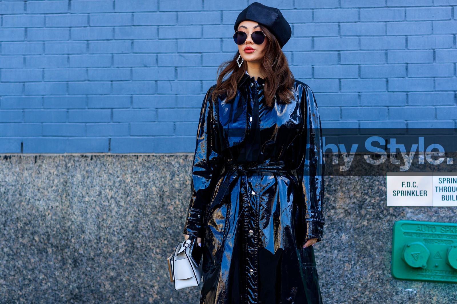 beret, black coat, leather bag, leather coat, red lips, sunglasses, vinyl, white bag, street style, jonathan paciullo, FW, frenchystyle, fashion week, NYFW, NEW YORK, AUTUMN WINTER 2018-2019, AW 18-19, FALL WINTER 2018-2019, FW 18-19, atmosphere details, horizontal, detail