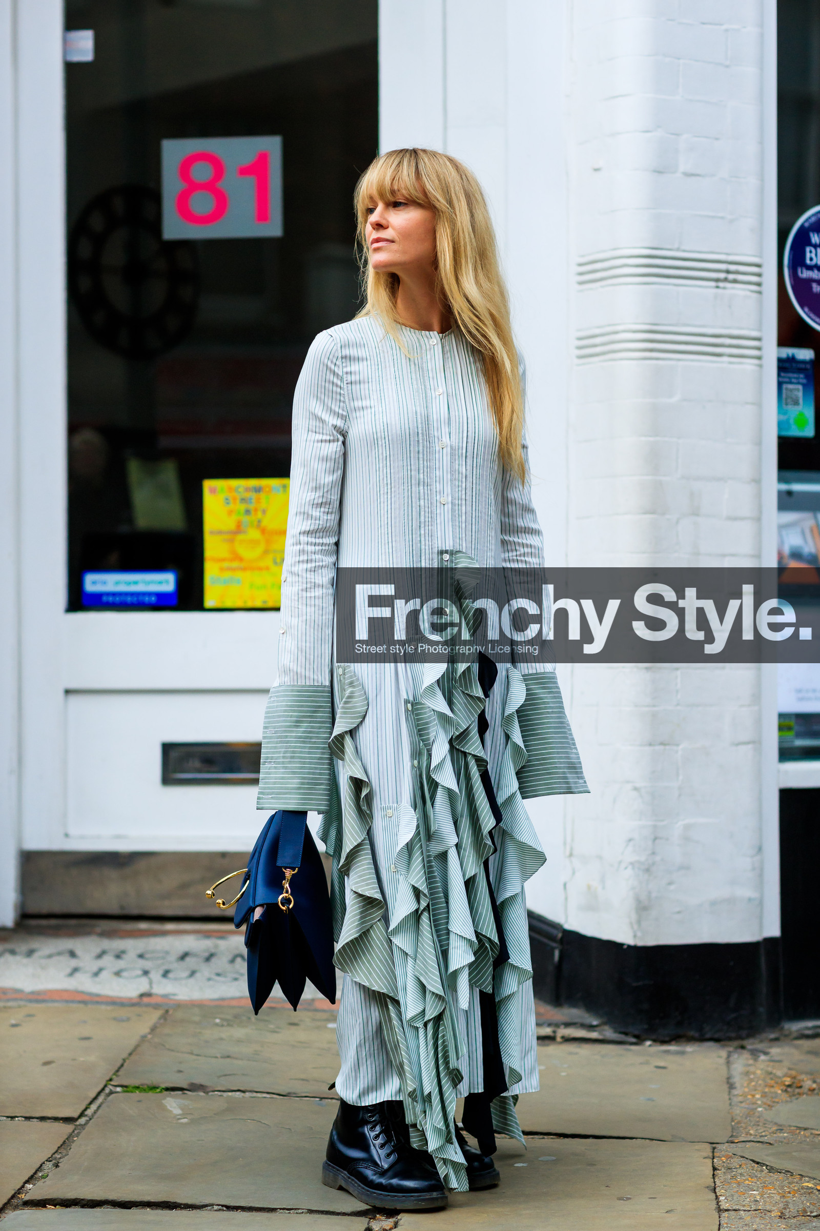 black bag, black shoes, fashion week, frenchystyle, full length, FW, graphic dress, green dress, jeanette madsen, jonathan paciullo, jw anderson, leather bag, leather shoes, LFW, LONDON, printed dress, ruffles, SPRING SUMMER 2018, SS 18, street style, striped dress, tie & die, vertical, white dress