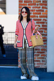 basket, blue bag, embroidered bag, fashion week, frenchystyle, full length, fur shoes, FW, graphic pants, graphic sweater, gucci, jonathan paciullo, MFW, MILAN, printed pants, red sweater, SPRING SUMMER 2018, SS 18, street style, striped sweater, sunglasses, trousers, velvet, vertical, white fur