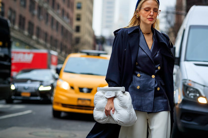 blue coat, choker, earrings, headband, leather bag, leather jacket, leonie hanne, maison martin margiela, navy jacket, necklace, sunglasses, trousers, white bag, white pants, frenchystyle, jonathan paciullo, street style, NYFW, NEW YORK, AUTUMN WINTER 2019-2020, AW 19-20, FALL WINTER 2019-2020, FW 19-20, fashion week, FW, atmosphere details, horizontal, detail