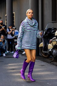 turtleneck, blue dress, jacquemus bag, knitted dress, leather bag, leather boots, Leonie Hanne, mini dress, purple bag, purple boots, striped dress, stripes, wool dress, colorful dress, knitwear, fashion week, frenchystyle, FW, jonathan paciullo, street style, SPRING SUMMER 2022, SS 22, MFW, MILAN, vertical, full length