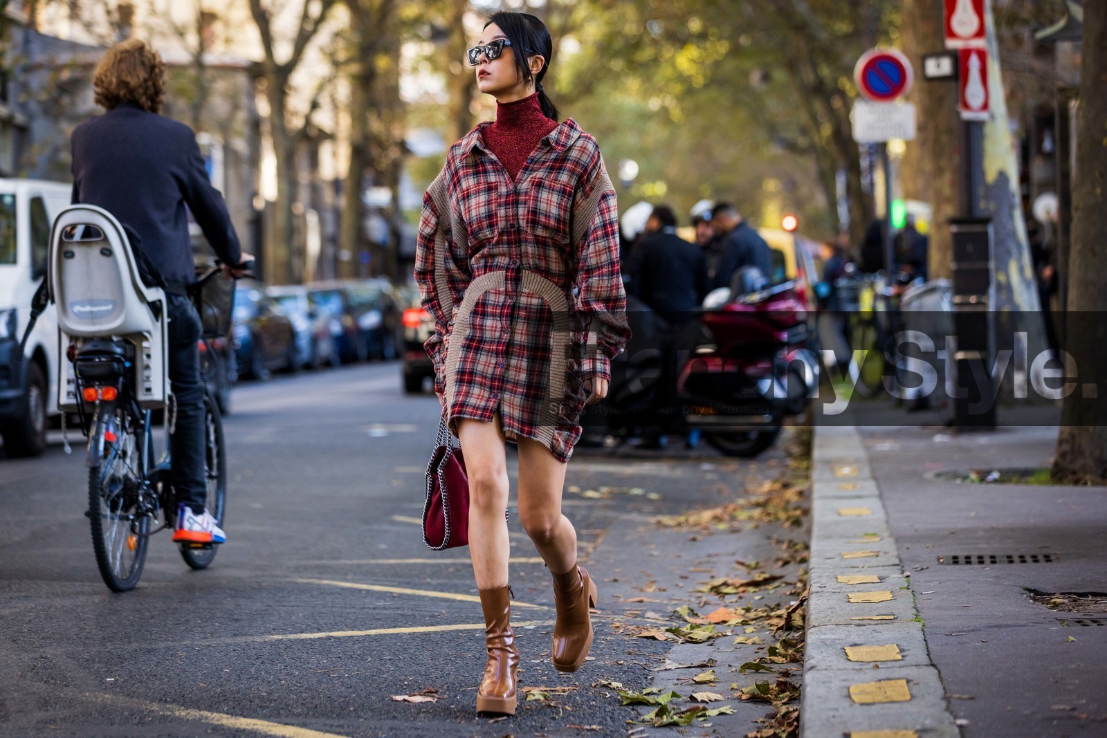 black sunglasses, boots, brown boots, dress, lurex turtleneck, Meng Mao, printed dress, red bag, red dress, red turtleneck, shirt dress, stella mccartney bag, sunglasses, tartan dress, turtleneck, fashion week, frenchystyle, FW, jonathan paciullo, street style, PFW, PARIS, SPRING SUMMER 2022, SS 22, atmosphere details, full length, horizontal