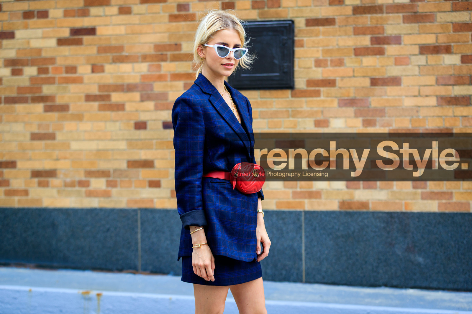 atmosphere details, blazer, blue jacket, blue skirt, caro daur, checked jacket, checked skirt, detail, fanny pack, fashion week, frenchystyle, FW, gucci, horizontal, jonathan paciullo, leather bag, necklace, NEW YORK, NYFW, plaid, red bag, SPRING SUMMER 2018, SS 18, street style, sunglasses