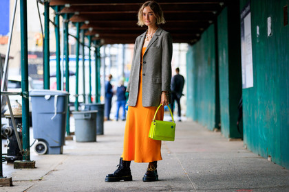 black shoes, brown jacket, checked, graphic jacket, leather bag, leather shoes, necklace, orange dress, plaid, printed jacket, yellow bag, street style, jonathan paciullo, FW, frenchystyle, fashion week, NYFW, NEW YORK, SPRING SUMMER 2019, SS 19, atmosphere details, horizontal, full length