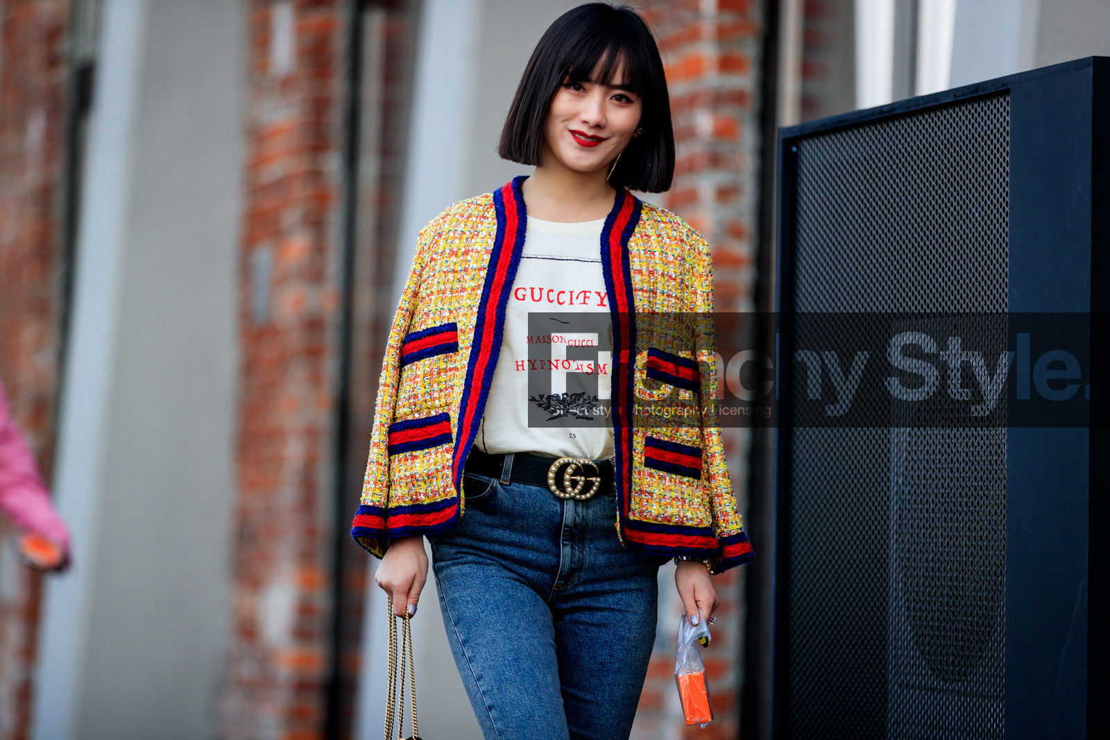 black belt, blue denim, denim pants, graphic jacket, gucci, jeans, leather belt, over the shoulder, printed jacket, printed t shirt, trousers, tweed jacket, white t shirt, yellow jacket, fashion week, frenchystyle, FW, jonathan paciullo, street style, MFW, MILAN, AUTUMN WINTER 2018-2019, FALL WINTER 2018-2019, FW 18-19, horizontal, atmosphere details