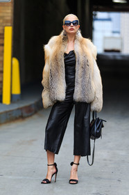 AUTUMN WINTER 2016-2017, AW 16-17, black bag, black jumpsuit, black shoes, brown fur, caroline vreeland, fashion week, frenchystyle, full length, fur coat, fur jacket, FW, FW 16-17, high heels, jonathan paciullo, leather bag, leather jumpsuit, leather shoes, natural fur, NEW YORK, NYFW, street style, sunglasses, vertical, woman