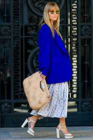 beige bag, blazer, blue jacket, floral, flowers, graphic dress, grey dress, high heels, jeanette madsen, leather bag, leather shoes, maison martin margiela, printed dress, shiny dress, sunglasses, white shoes, PARIS, PFW, street style, jonathan paciullo, FW, frenchystyle, fashion week, AUTUMN WINTER 2019-2020, AW 19-20, FALL WINTER 2019-2020, FW 19-20, vertical, full length