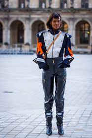 black boots, black jacket, black pants, boots, jacket, leather boots, Liya Kebede, louis vuitton look, orange jacket, pants, patent pants, printed jacket, stripes, fashion week, frenchystyle, FW, jonathan paciullo, street style, PFW, PARIS, SPRING SUMMER 2022, SS 22, vertical, full length