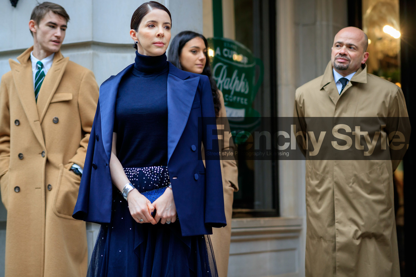 blazer, blue skirt, blue sweater, glitter, graphic skirt, navy jacket, over the shoulder, printed skirt, sequined skirt, turtleneck sweater, frenchystyle, jonathan paciullo, street style, NYFW, NEW YORK, AUTUMN WINTER 2019-2020, AW 19-20, FALL WINTER 2019-2020, FW 19-20, fashion week, FW, atmosphere details, horizontal, detail