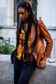 black denim, black jean, braid, brown jacket, camel jacket, check, checked shirt, color, denim, jacket, jean, leather jacket, print, printed shirt, yellow shirt, fashion week, frenchystyle, FW, jonathan paciullo, street style, PFW, PARIS, SPRING SUMMER 2022, SS 22, vertical, atmosphere details