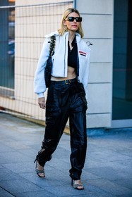 cargo pants, leather trousers, prada jacket, short jacket, puffed jacket, black glasses, squared glasses, studs sandals, black handbag, leather handbag, chain handbag, black sandals, black belt white jacket, prada, black trousers, fashion week, frenchystyle, FW, jonathan paciullo, street style, vertical, full length