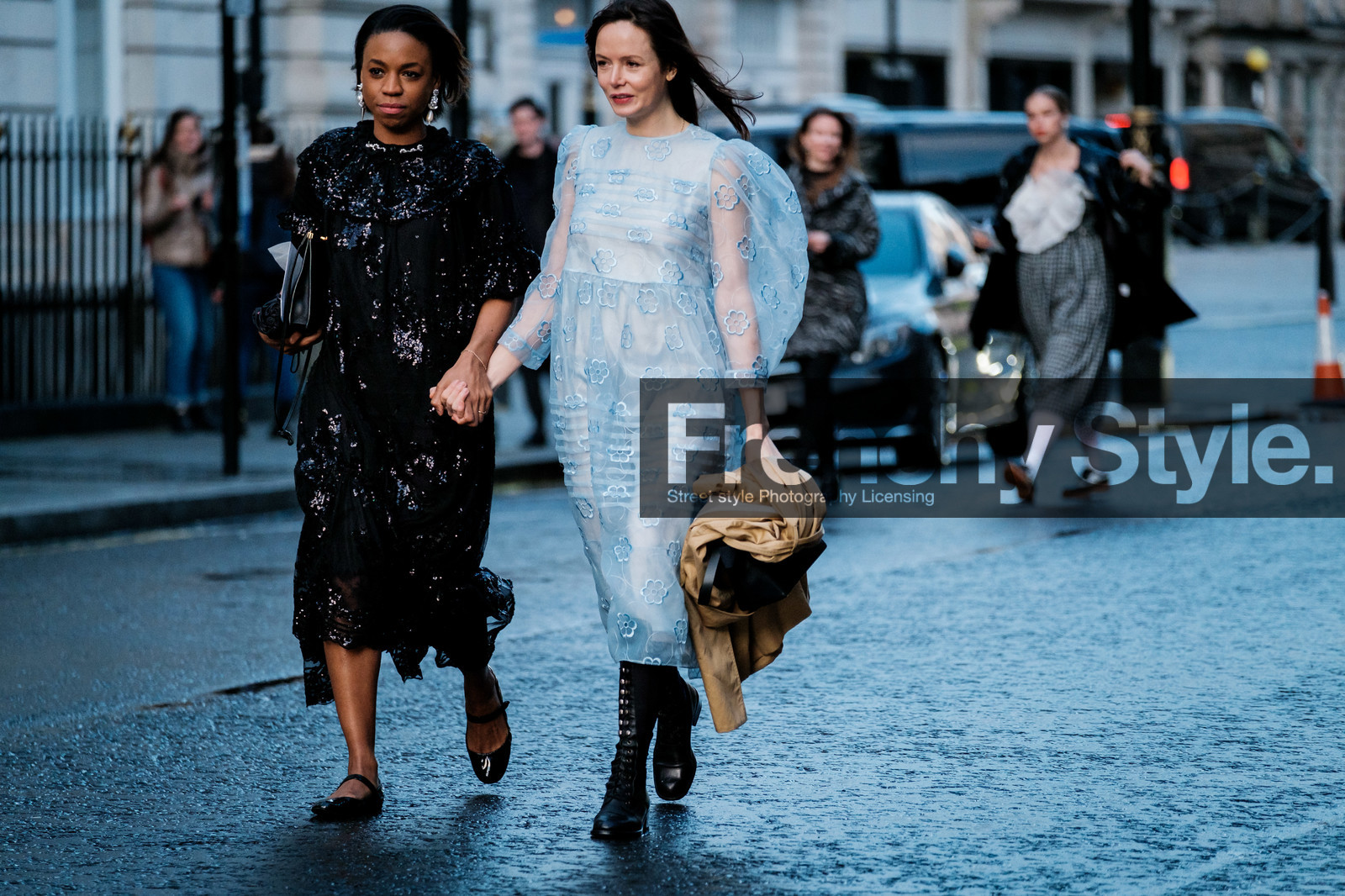 light blue dress, sheer dress, floral embroidered dress, balloon sleeves, long sleeves dress, high boots, black leather boots, flat boots, laced boots, black dress, sequins dress, flat shoes, black polish shoes, mary jane shoes, fashion week, frenchystyle, FW, jonathan paciullo, street style, LFW, LONDON, AUTUMN WINTER 2020-2021, FALL WINTER 2020-2021, FW 20-21, horizontal, atmosphere details, full length
