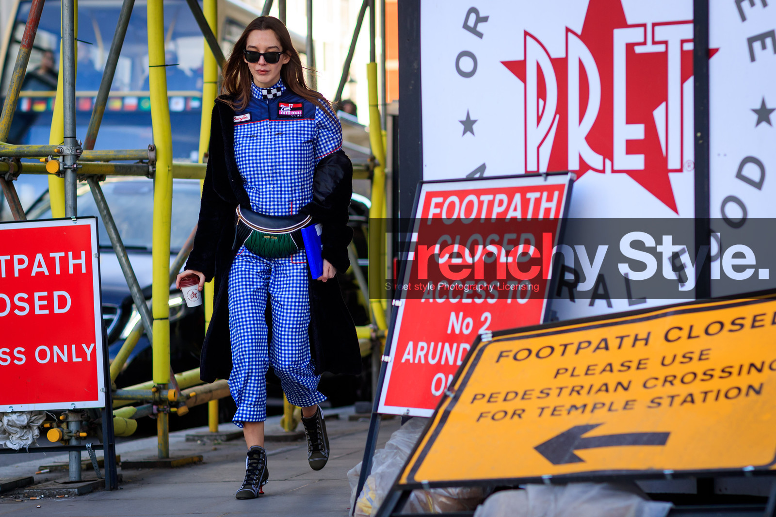 black fur coat, blue jumpsuit, check jumpsuit, checked, fanny pack, gingham, graphic jumpsuit, graphic pants, green bag, green boots, high heels, leather bag, leather shoes, miu miu, off the shoulder, plaid, printed jumpsuit, printed pants, printed shoes, sunglasses, trousers, fashion week, frenchystyle, FW, jonathan paciullo, street style, LFW, LONDON, AUTUMN WINTER 2018-2019, AW 18-19, FALL WINTER 2018-2019, FW 18-19, horizontal, atmosphere details, full length, estelle pigault