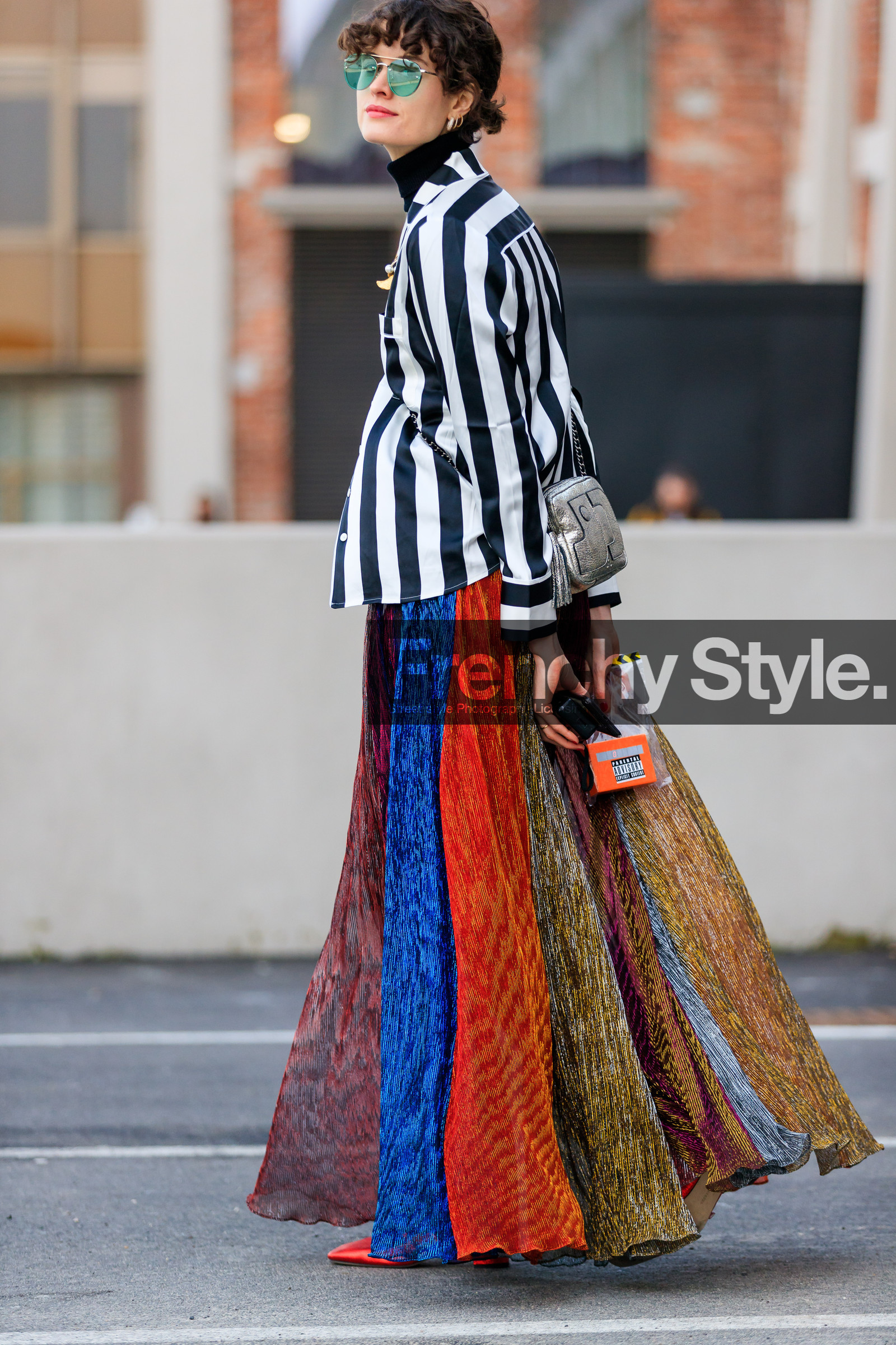 black and white, graphic jacket, graphic skirt, high heels, leather shoes, multicolor skirt, printed jacket, printed skirt, red shoes, striped jacket, sunglasses, fashion week, frenchystyle, FW, jonathan paciullo, street style, MFW, MILAN, AUTUMN WINTER 2018-2019, FALL WINTER 2018-2019, FW 18-19, vertical, full length