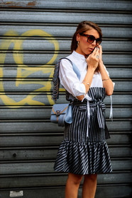 earrings, graphic bag, graphic skirt, grey bag, grey skirt, leather bag, printed bag, printed skirt, rings, ruffled skirt, stripes, sunglasses, white shirt, fashion week, frenchystyle, FW, jonathan paciullo, street style, MFW, MILAN, SPRING SUMMER 2019, SS 19, vertical, atmosphere details, detail