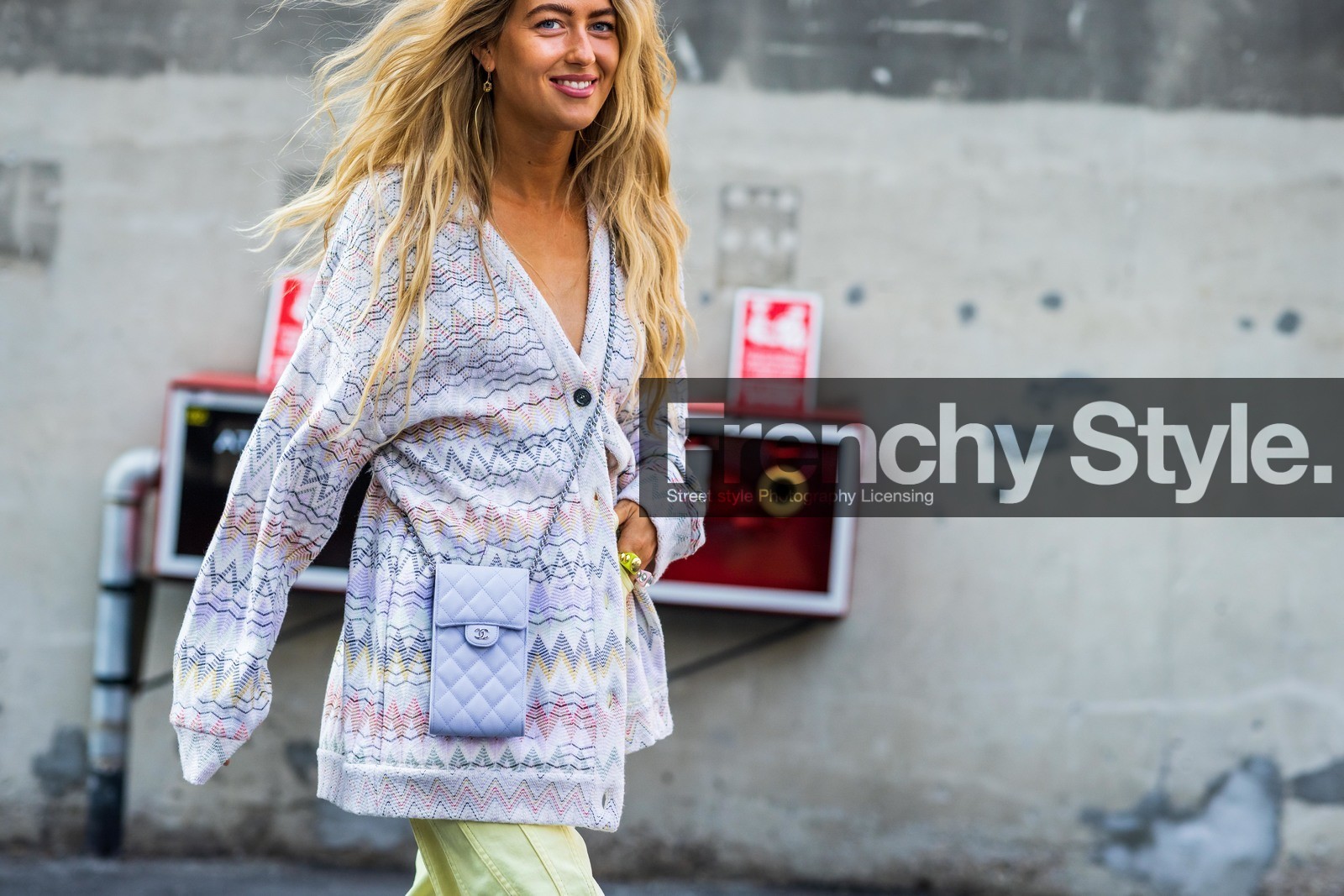 chanel bag, denim, Emili Sindlev, lila bag, lila cardigan, missoni knit, mules, oversize pants, pastel, printed cardigan, quilted bag, yellow pants, fashion week, frenchystyle, FW, jonathan paciullo, street style, MFW, MILAN, SPRING SUMMER 2022, SS 22, horizontal, atmosphere details, detail