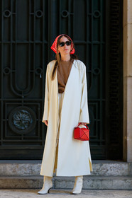 camel sweater, chloe loulou de saison, headscarf, high boots, high heels, leather bag, leather shoes, loewe, red bag, red bandana, sunglasses, white coat, white shoes, PARIS, PFW, street style, jonathan paciullo, FW, frenchystyle, fashion week, AUTUMN WINTER 2019-2020, AW 19-20, FALL WINTER 2019-2020, FW 19-20, vertical, full length